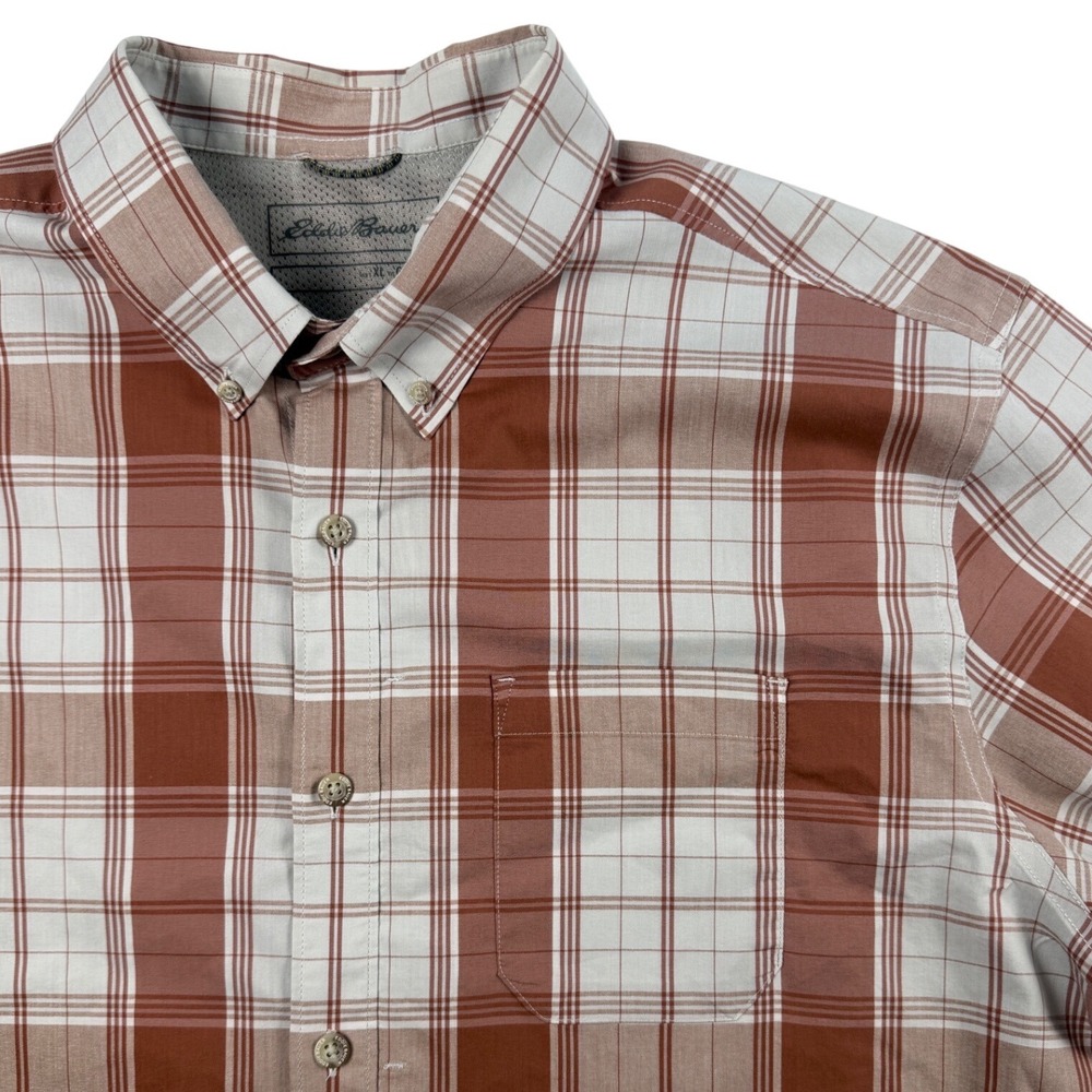 Eddie Bauer Mens XL Classic Fit Short Sleeve Plaid Button Down Shirt Orange